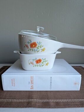 1980s Corning Ware Wildflower Pattern P43 B & P 82 B with Lid
